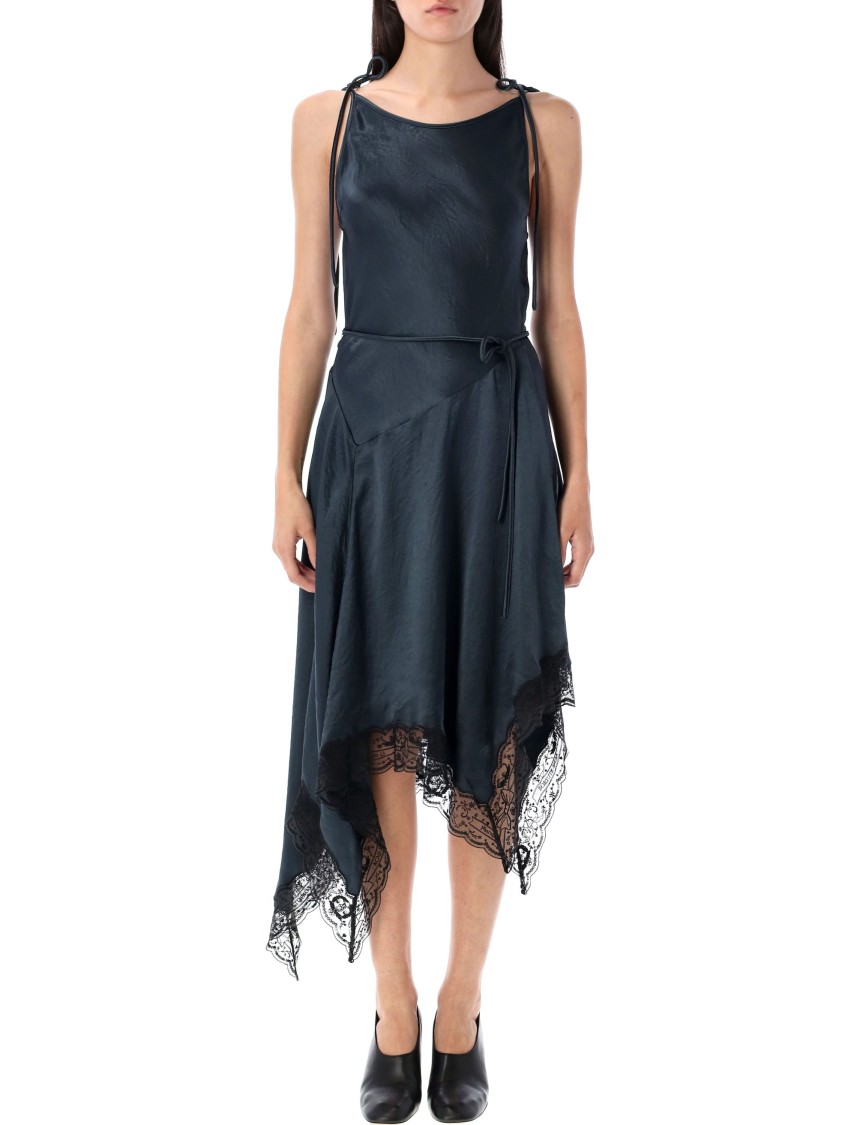 Acne Studios Satin Lace Midi Dress With Crinkle Finish In Blue