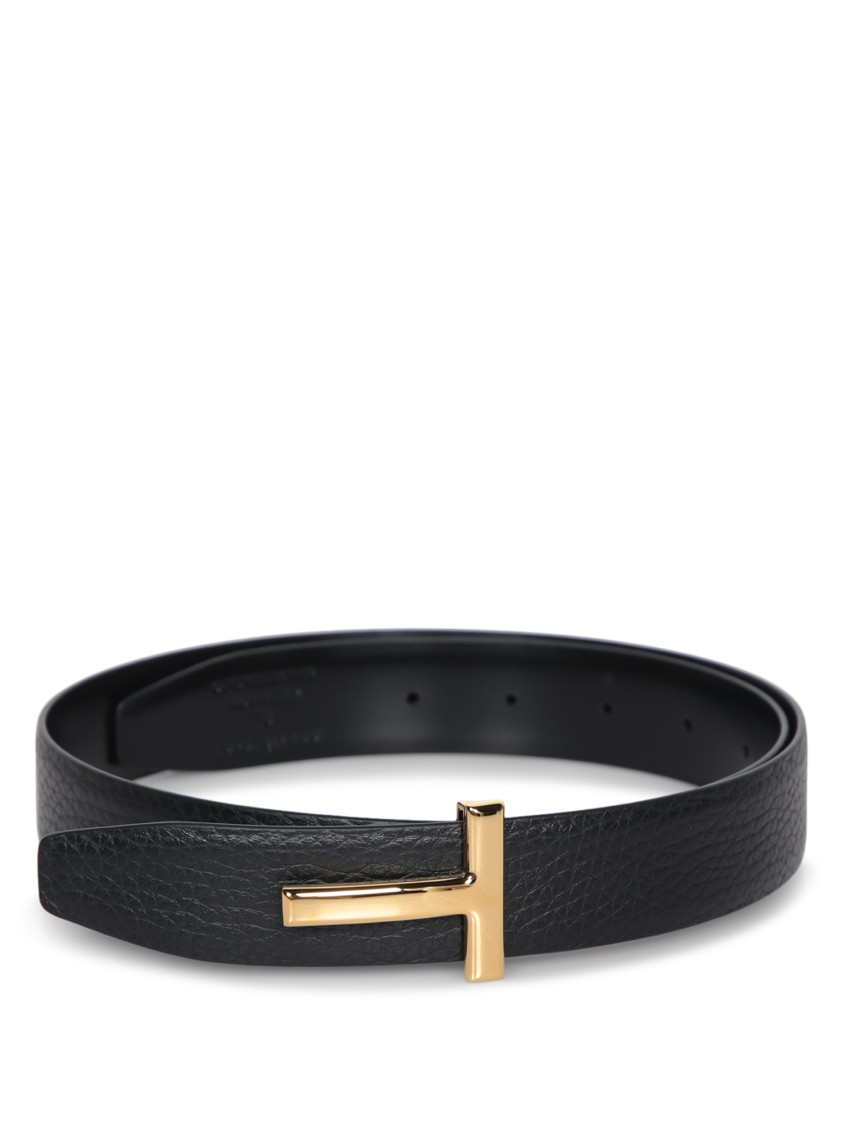 Tom Ford Textured Calf Leather Belt With Polished Gold Buckle In Black