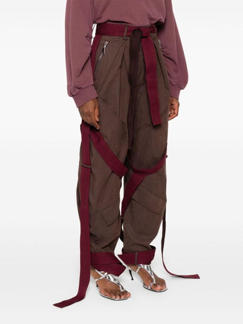 Attico Brown Pants With Side Zip Pockets And All-over Applied Bands In Cotton Blend Woman In Burgundy