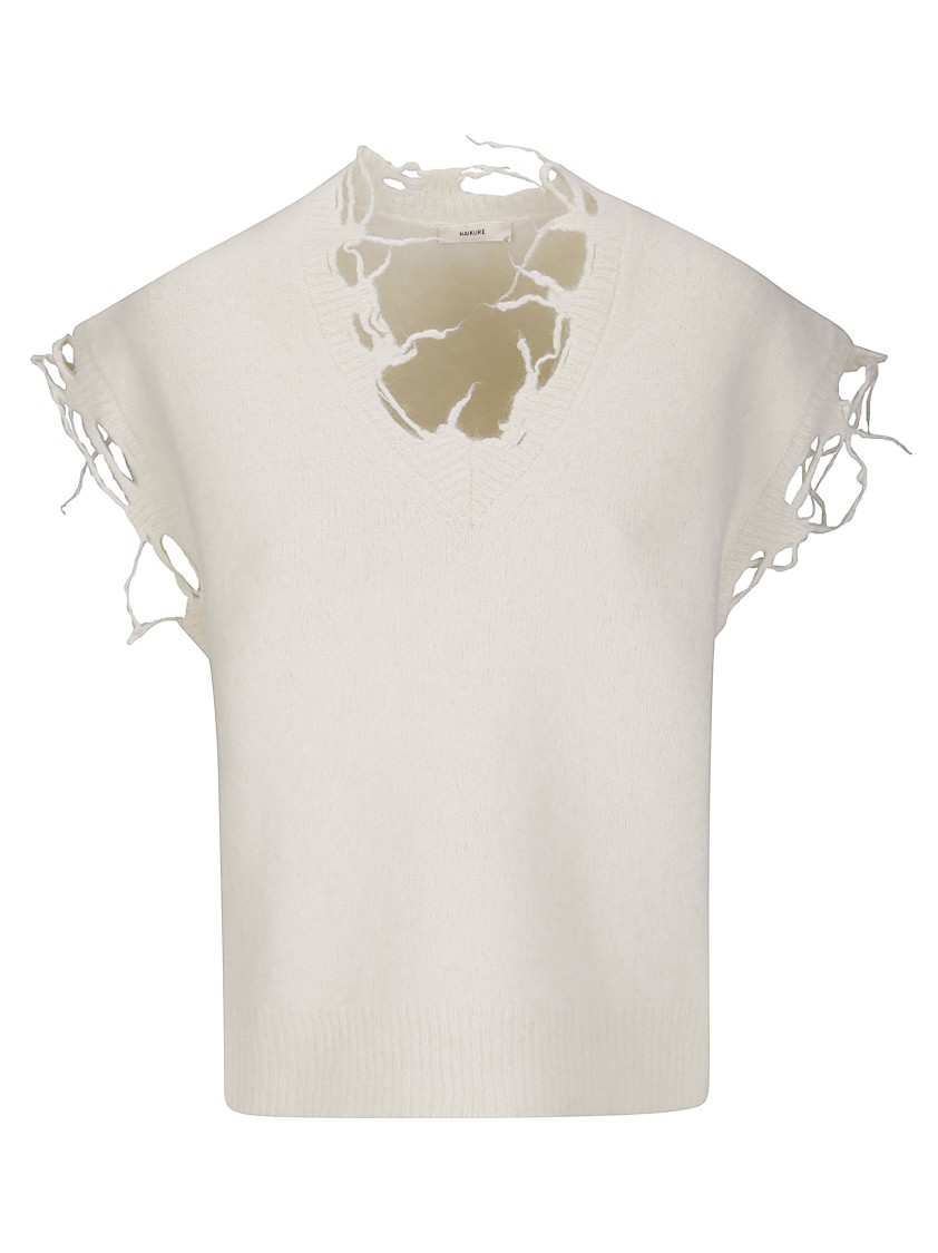 Haikure Distressed Sleeveless Sweater In White