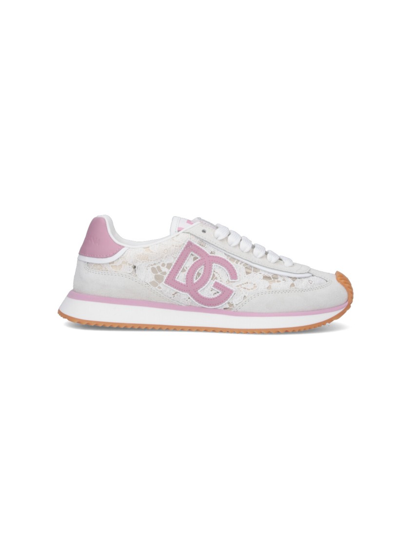 Dolce & Gabbana White Low Top With Lace Details And Dg Patch On The Side In Fabric And Suede Blend Woman In Multi