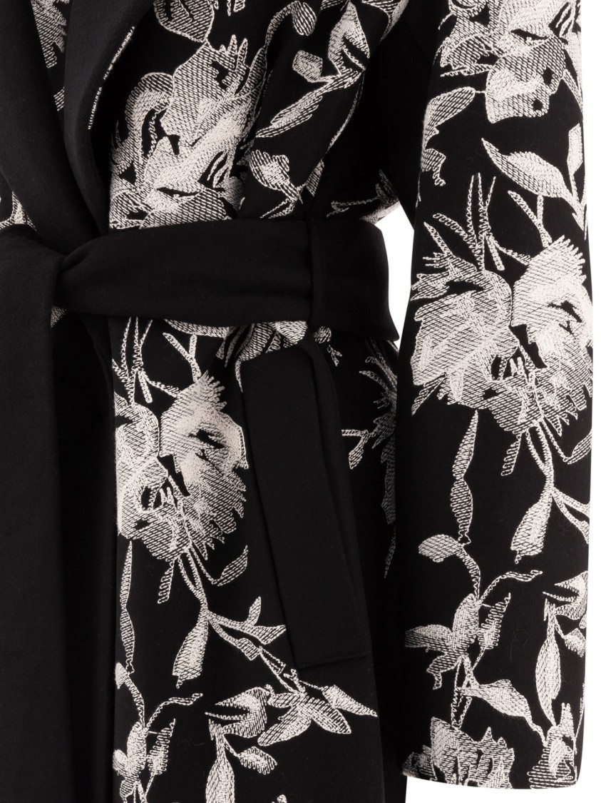 Elie Saab Wool Coat Embroidered Belt Floral Long Shawl In Black
