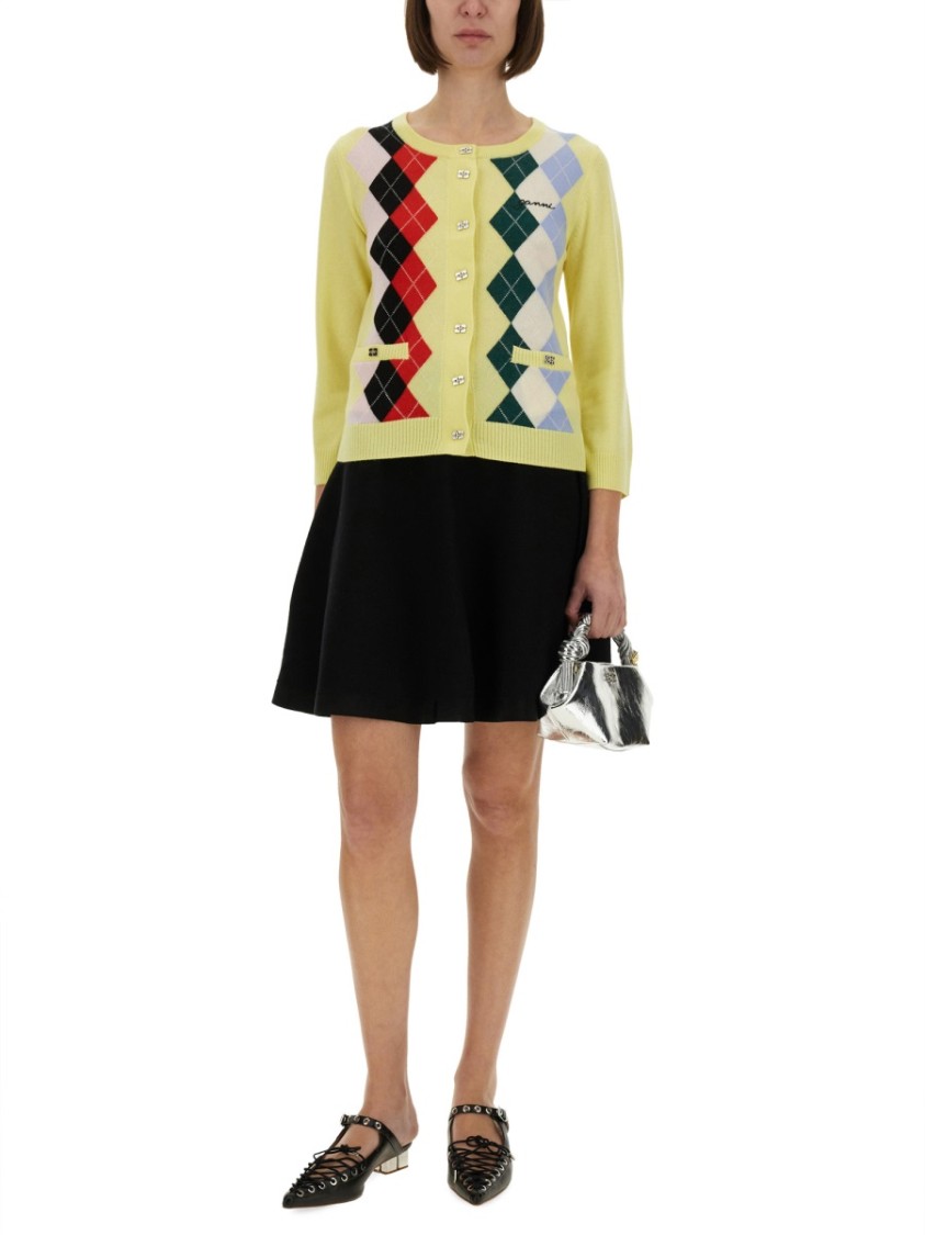 Ganni Knitwear Cardigan With Argyle Pattern And Pockets In Yellow