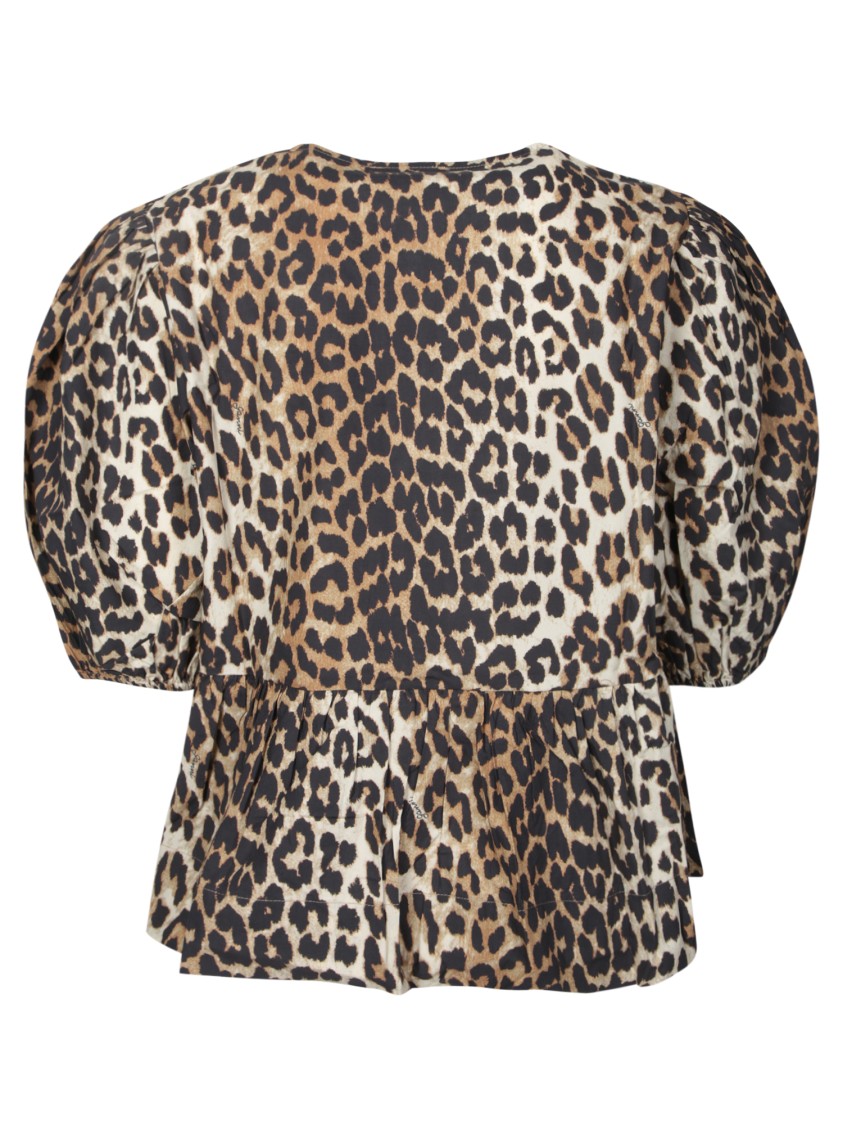 Ganni Multicolor Blouse With Front Tie Closure And All-over Leopard Motif In Cotton Woman In Brown