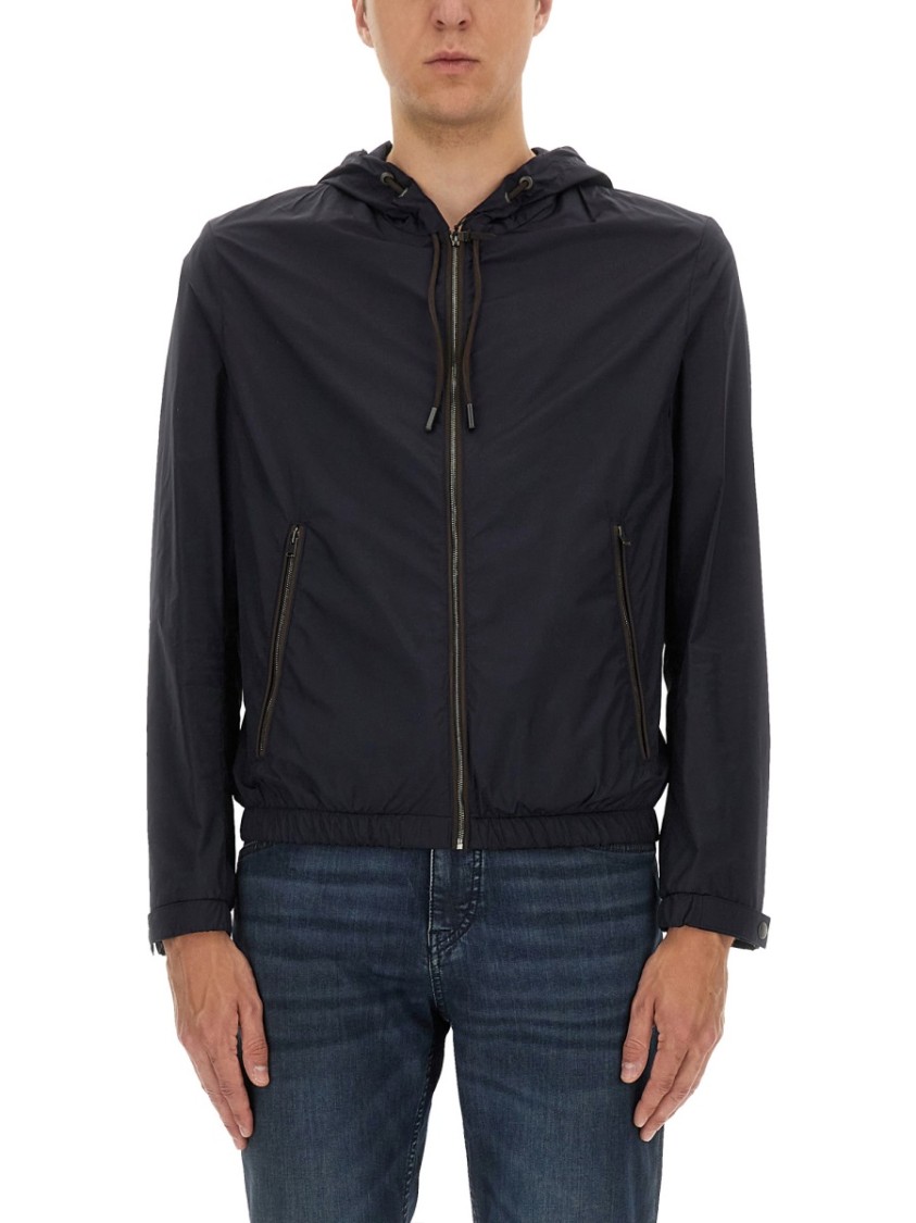Hugo Boss Hooded Jacket With Zipper And Elasticated Hem In Blue