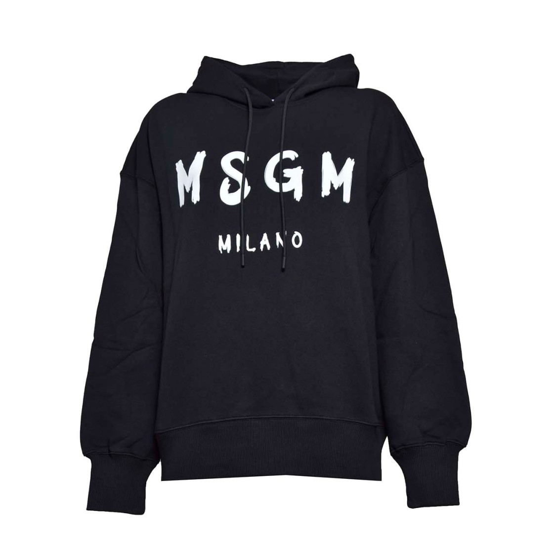 Msgm Black Cotton Hoodie With Brush Logo Print In Black