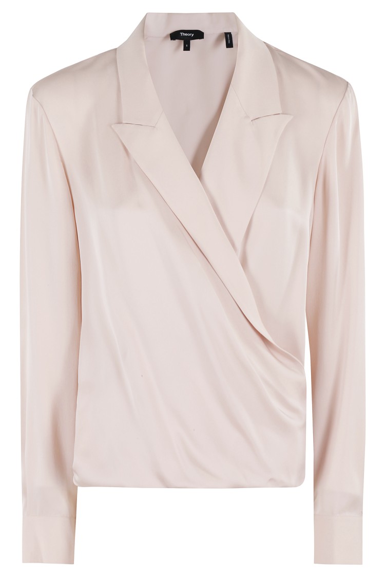 Theory Lapel Wrap Blush Blouse With V-neck In Pink