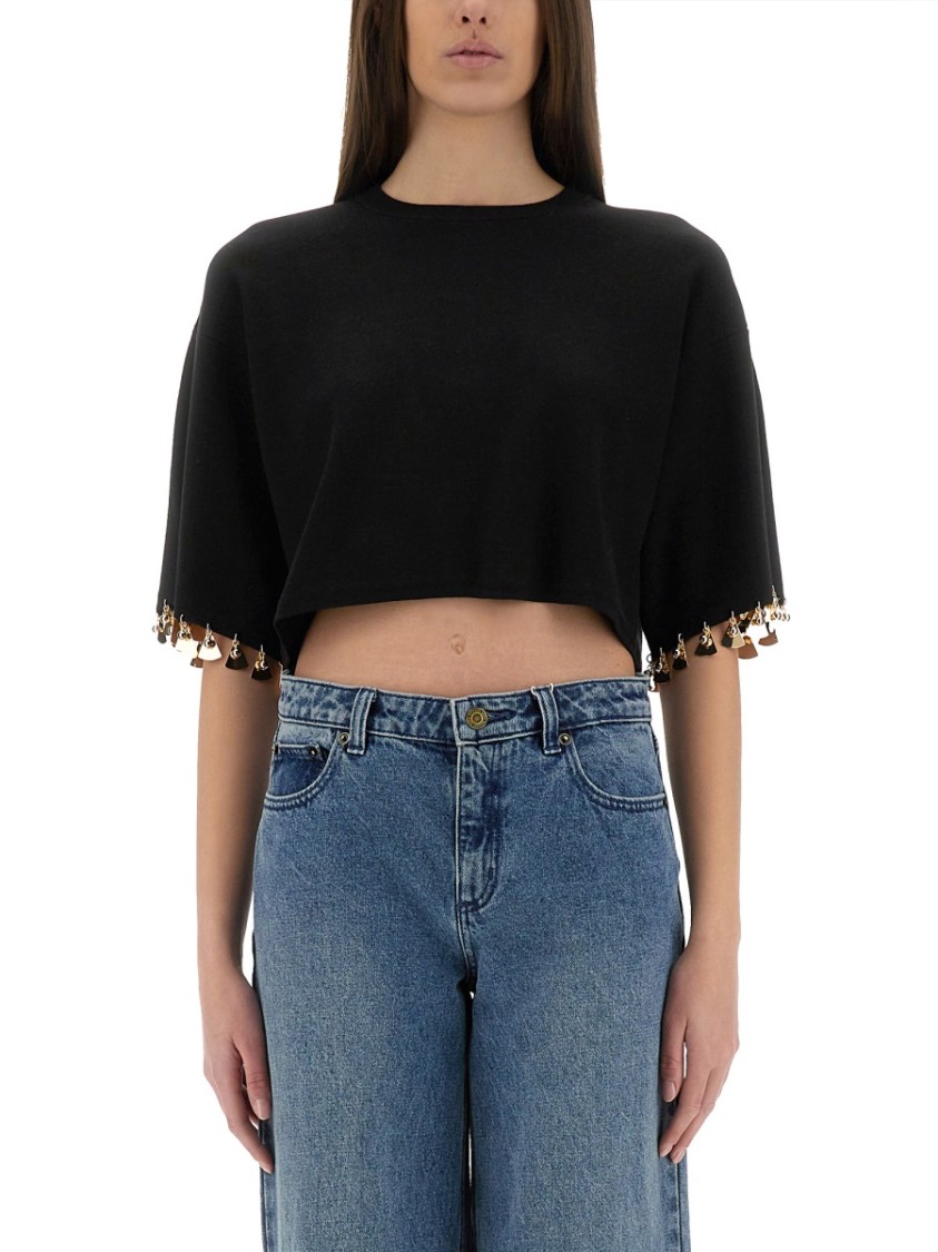 Shop Rabanne Knit Crop T-shirt In Black