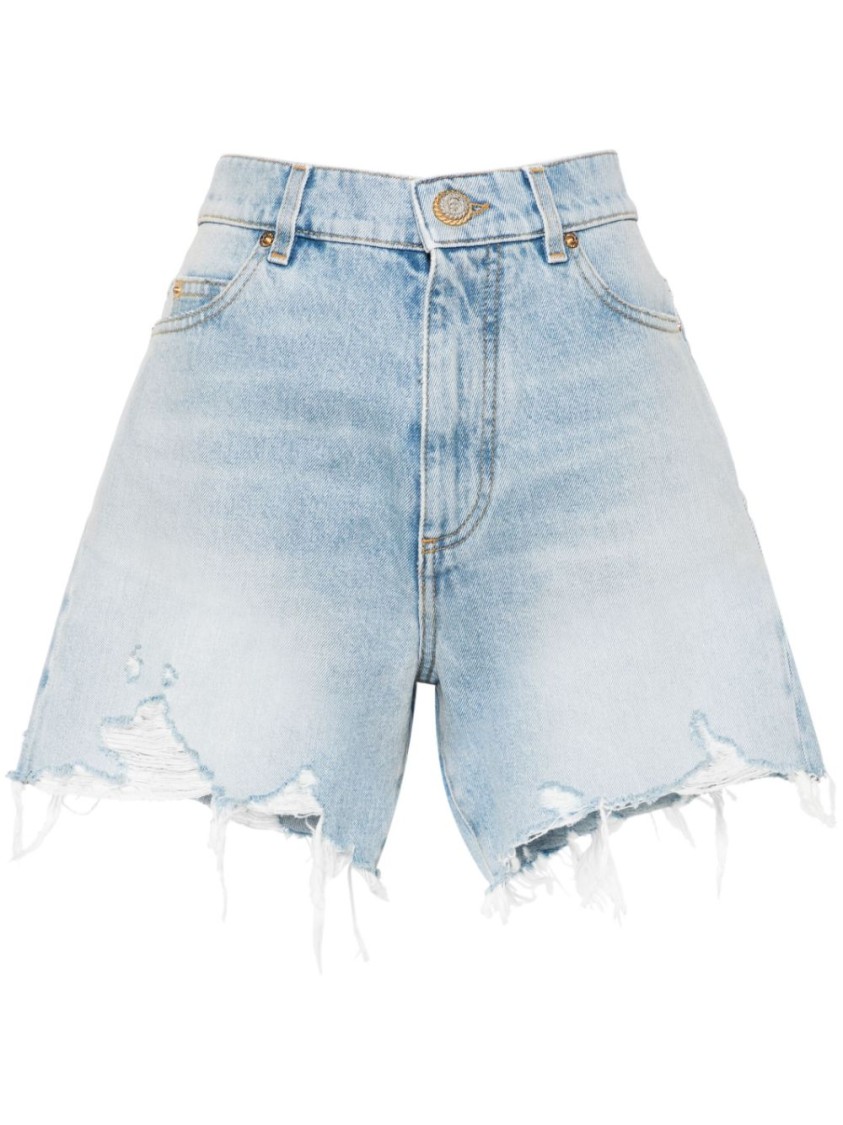 Balmain High-rise Straight Leg Shorts With Ripped Detailing In Blue