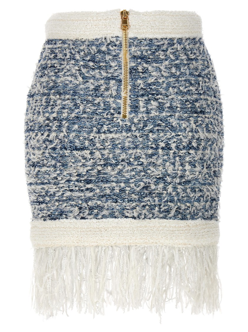 Balmain Frayed Button-embellished Tweed Mini Skirt In Neutral