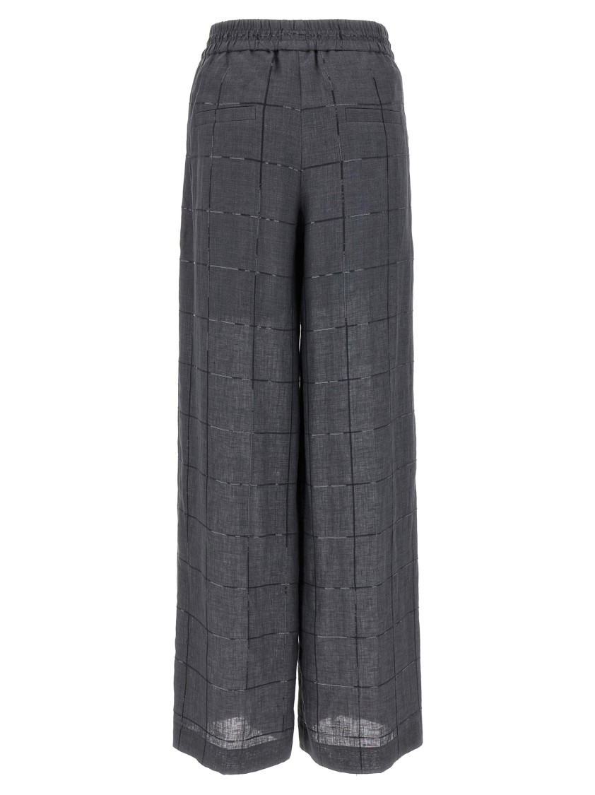 Brunello Cucinelli Check Linen Palazzo Trousers With Sequin Detail In Gray