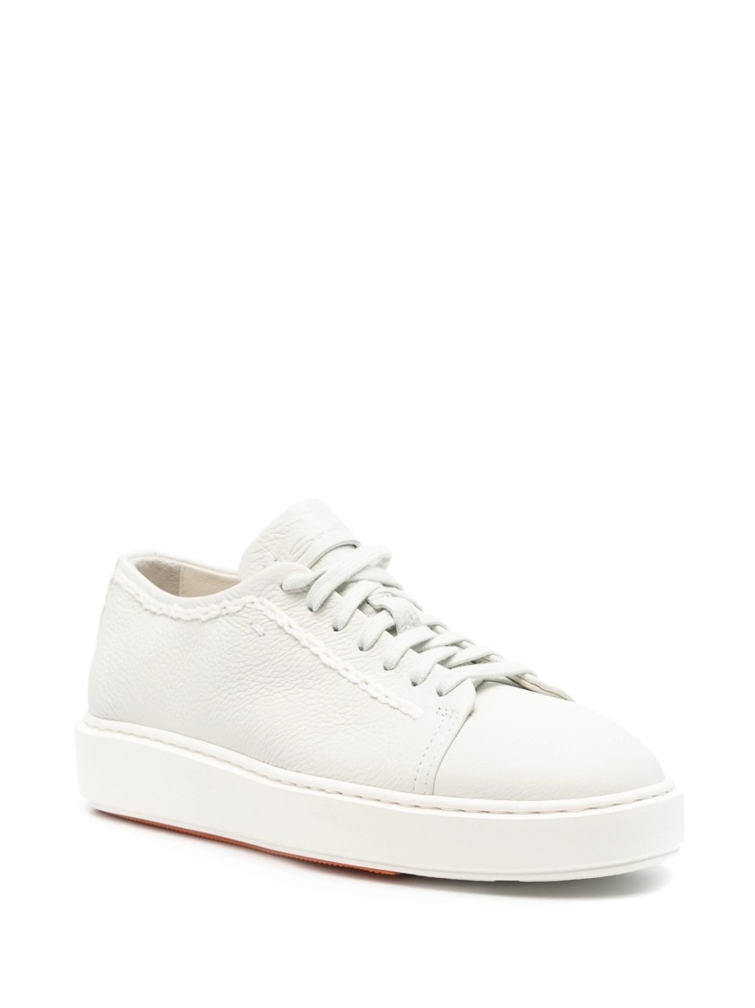 Santoni White Cow Leather Trainers With Textured Upper In White