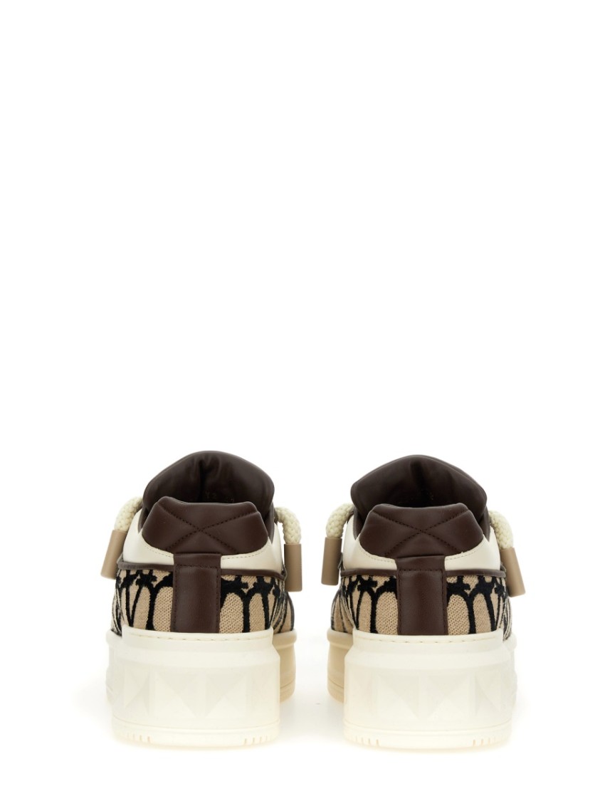 Valentino Garavani One Stud Xl Low-top Trainer In Nappa Leather And Toile Iconographe Fabric