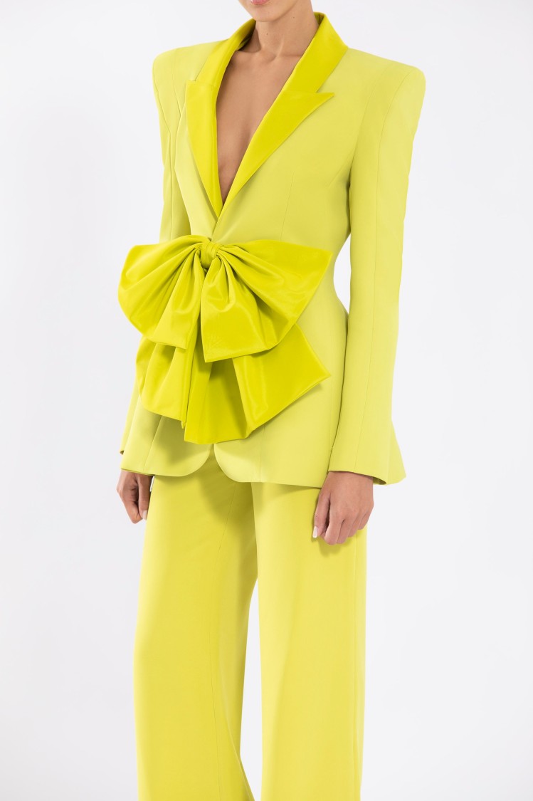 Saiid Kobeisy Crepe Tailored Jacket With Taffeta Collar And Bow In Yellow