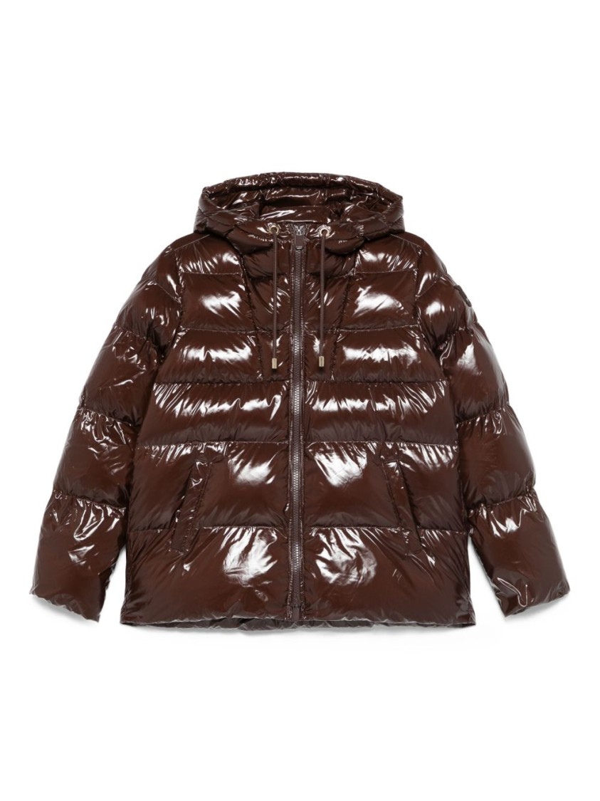Pinko Oversized Glossy Brown Quilted Down Coat With Hood In Brown