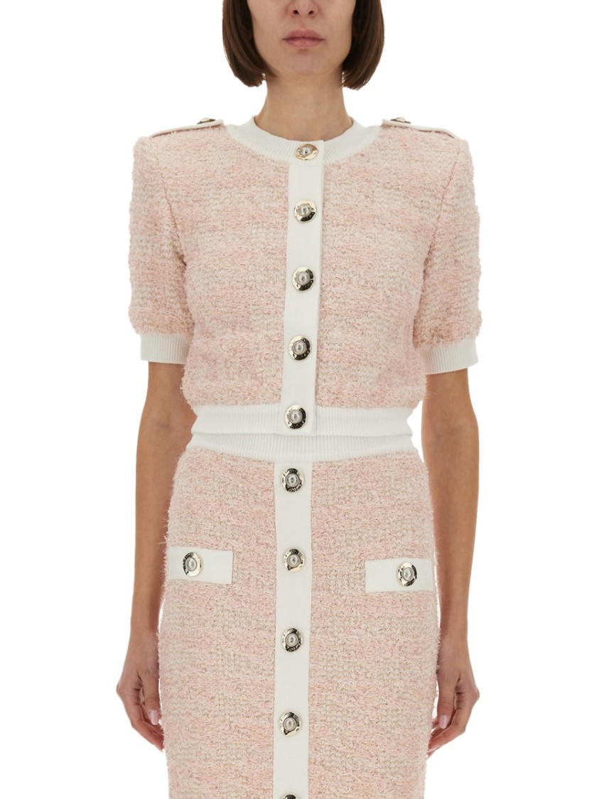 Balmain Cropped Textured Cardigan With Decorative Button Detail In Pink