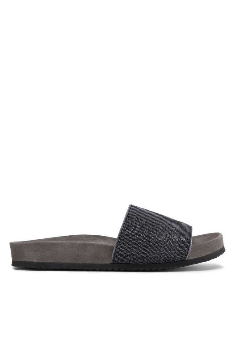 Brunello Cucinelli Textured Strap Slip-on Sandals With Cushioned Footbed In Black