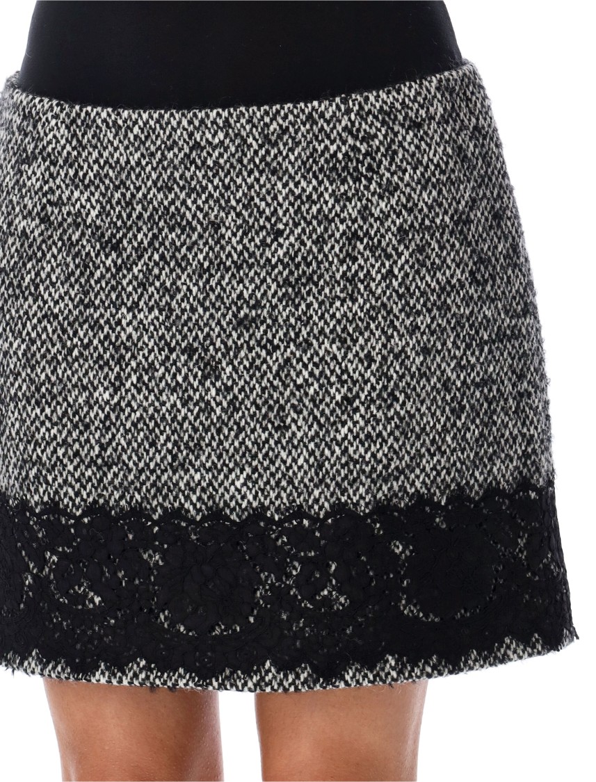 Dolce & Gabbana Short Micro-tweed Skirt With Lace Insert In Black