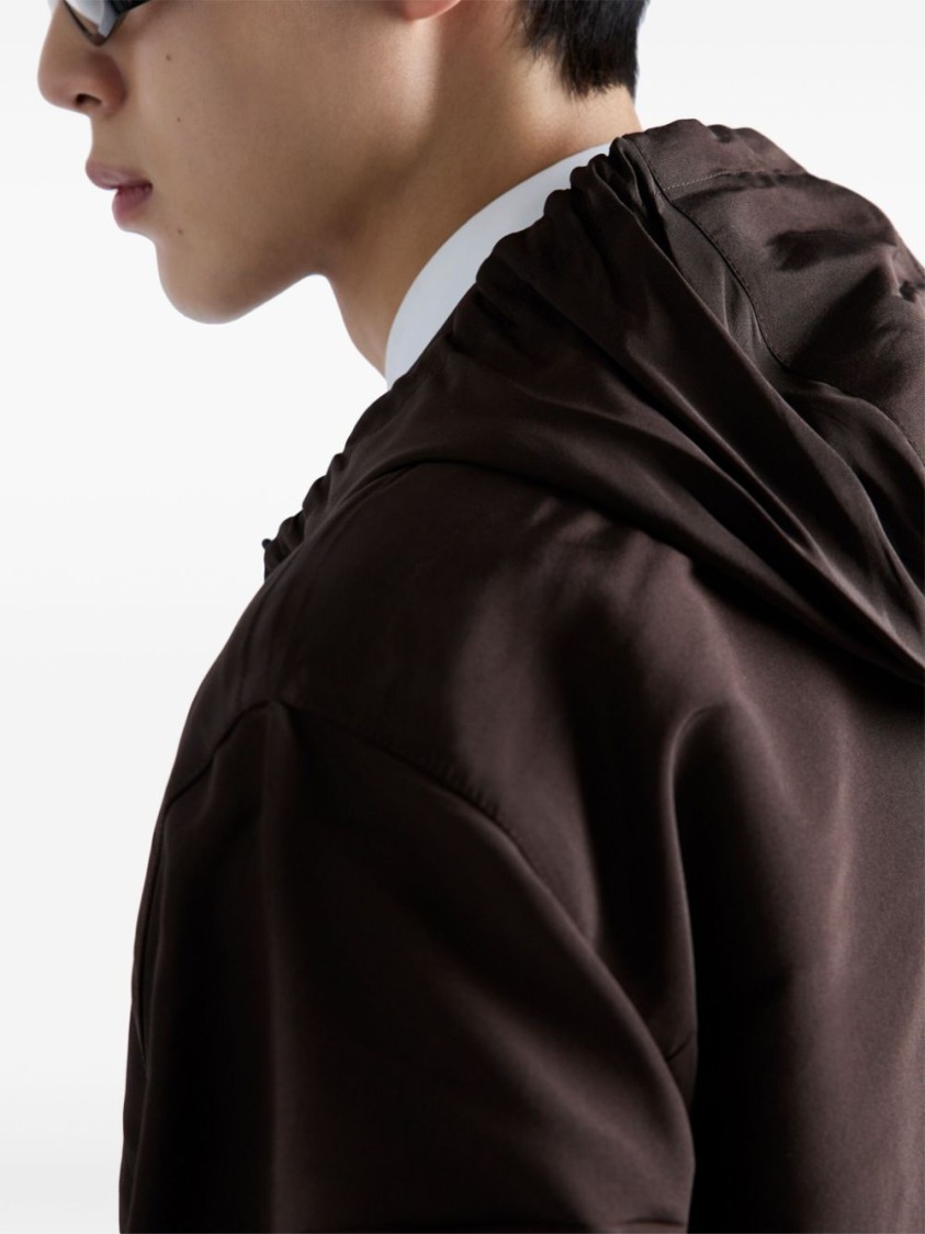 Prada Mid-thigh Brown Zip-up Coat With Hood And Subtle Branding In Black