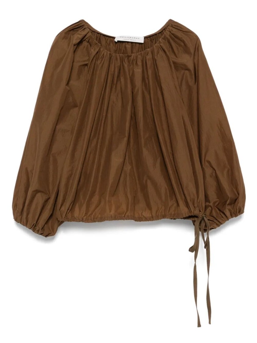 Philosophy Di Lorenzo Serafini Gathered Brown Polyamide Top With Balloon Sleeves