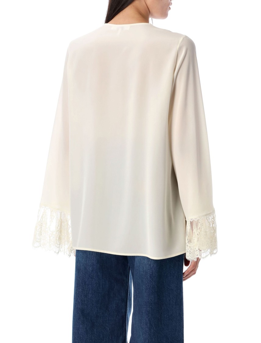 Chloé Button Down Crepe De Chine Top With Lace Sleeves In White