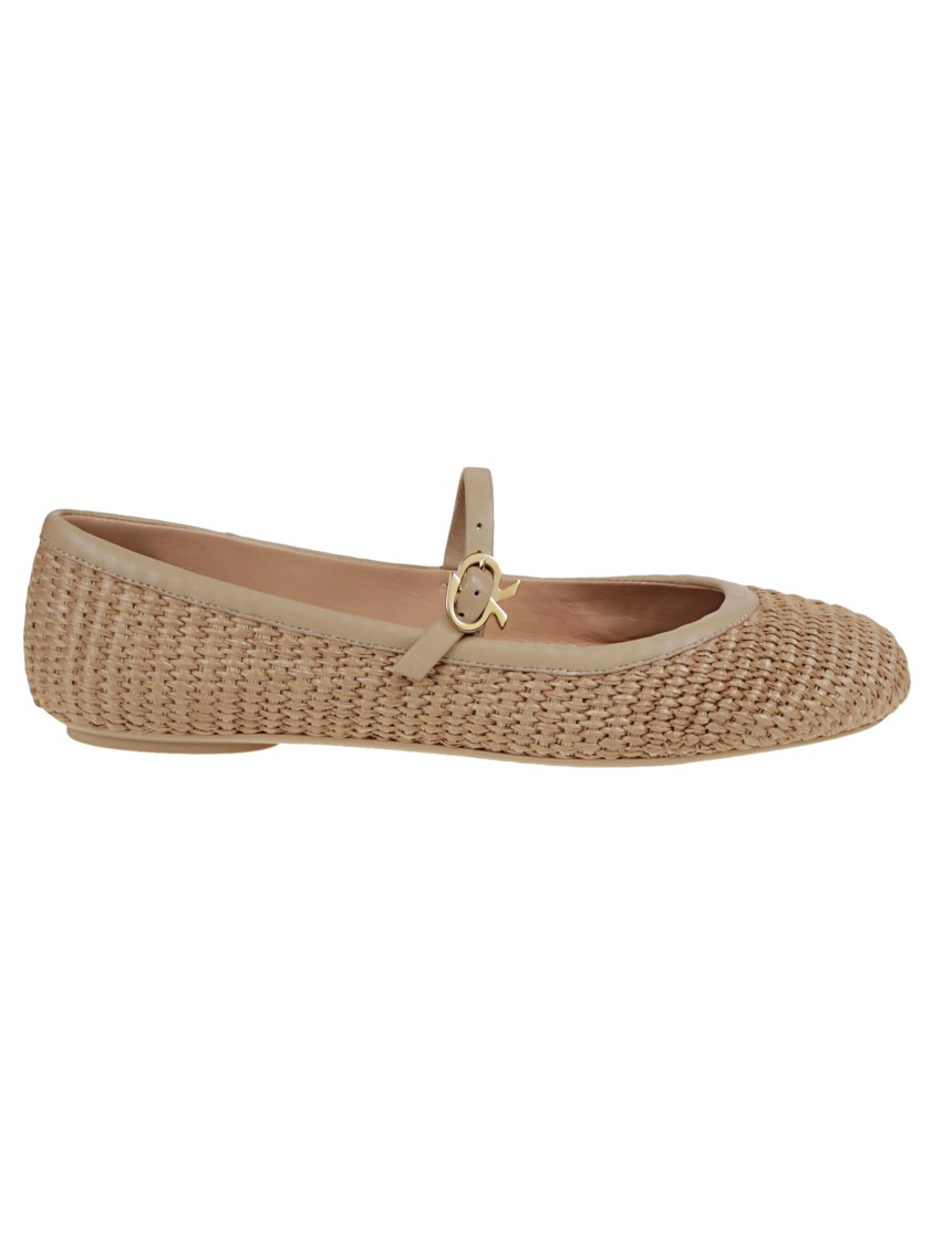 Shop Gianvito Rossi Leather And Woven Raffia Flat Ballerina In Neutrals