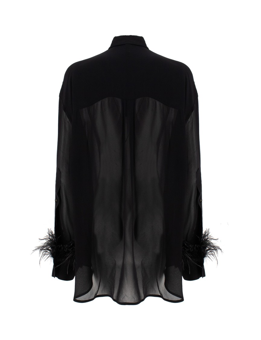 PINKO PINKO BLACK VISCOSE GEORGETTE BLOUSE WITH FEATHER-TRIMMED CUFFS