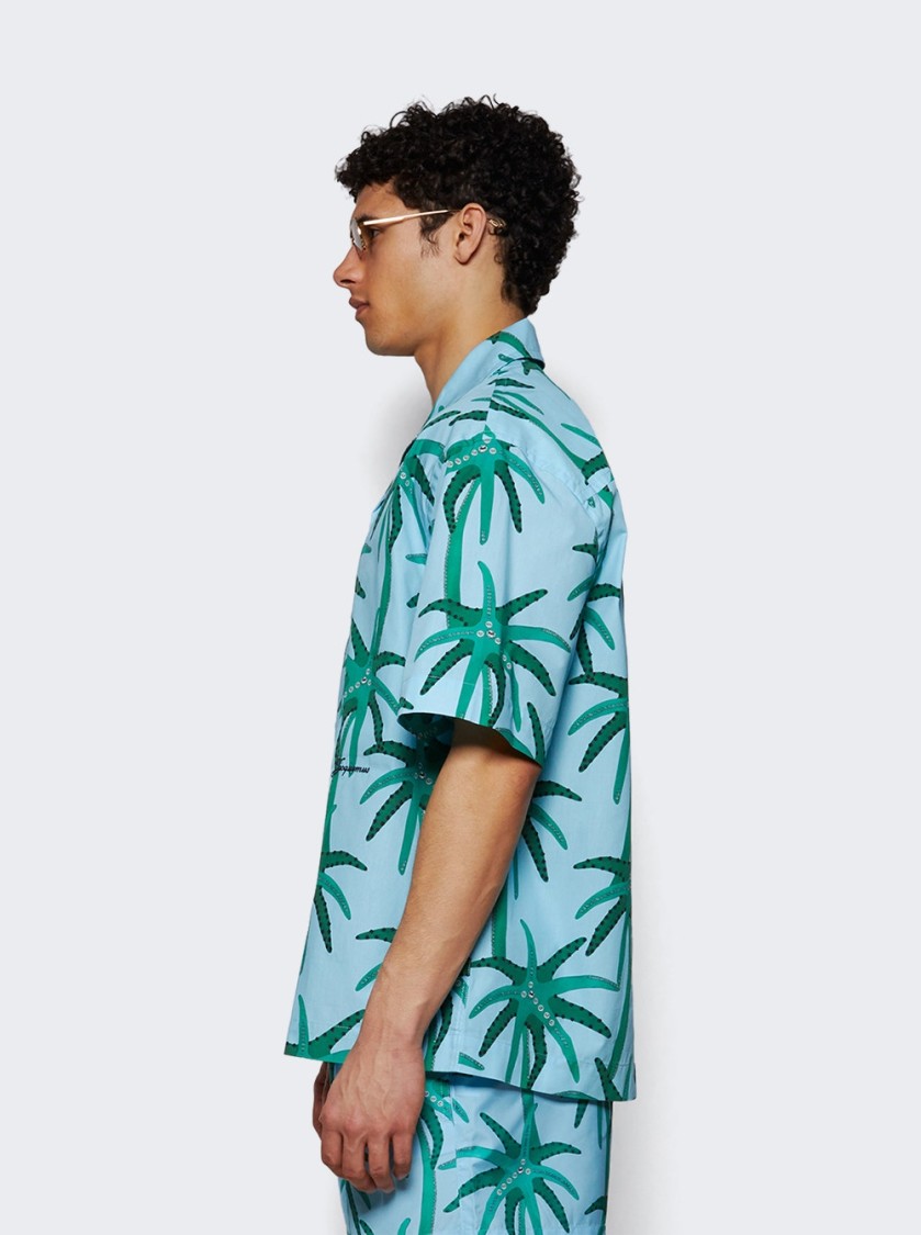 Jacquemus 'la Chemise Jean' Light Blue Shirt With Notched Collar And All-over Palm Tree Print