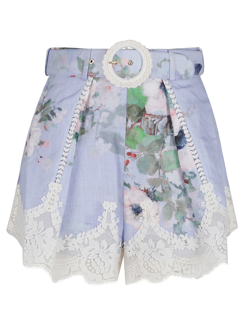 Zimmermann Womens Light Blue Floral Everley Tuck Floral-pattern Linen Shorts In Blue