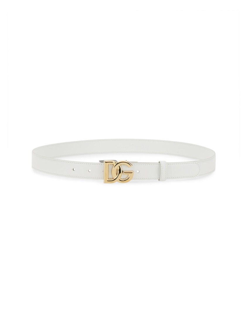 Dolce & Gabbana Calfskin Belt With Crossed Dg Logo In White
