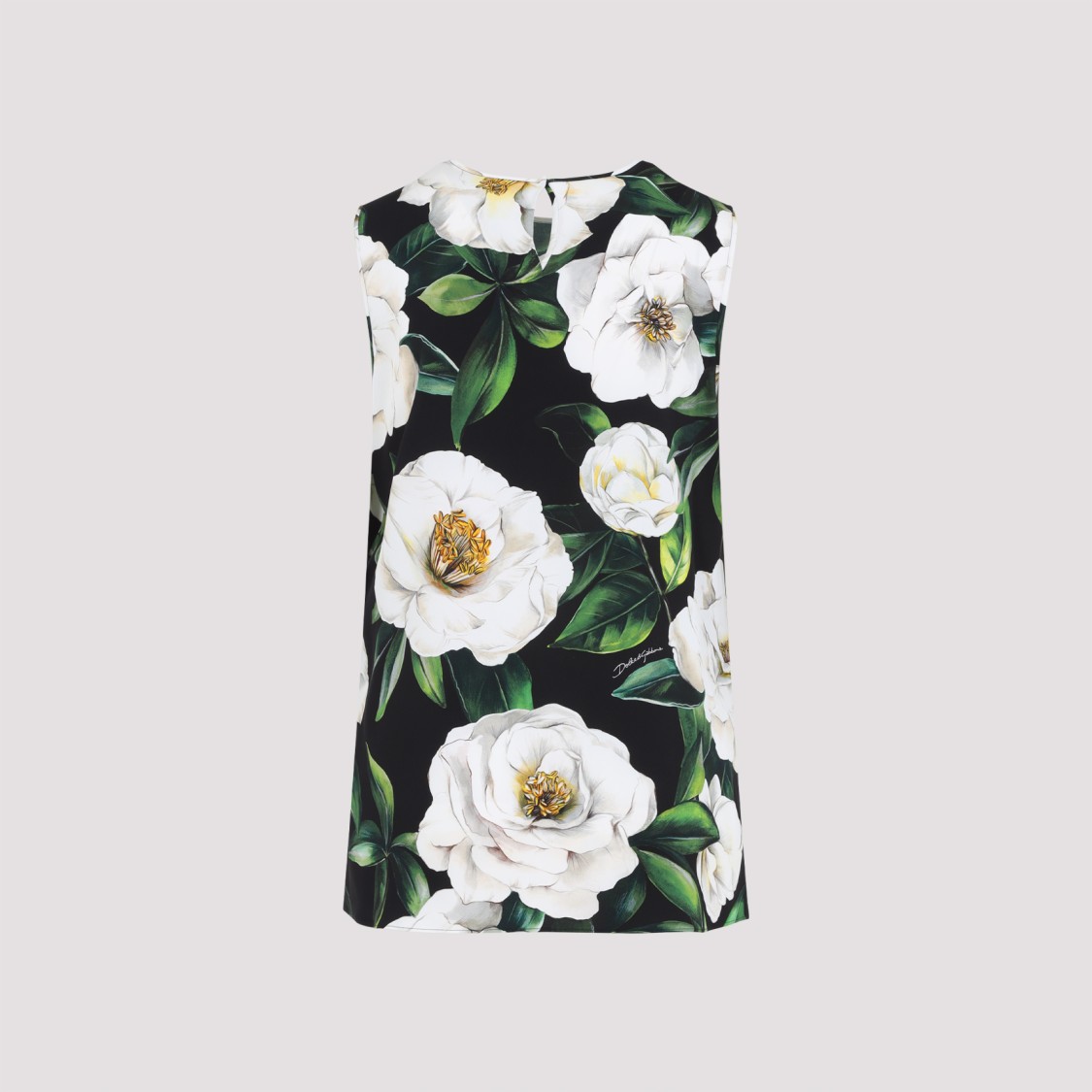 Dolce & Gabbana Gardenia Print Stretch Silk Charmeuse Sleeveless Top In Black