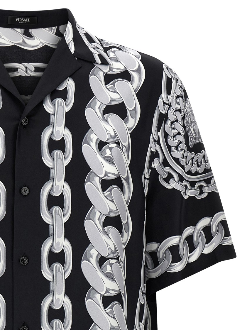 Versace Black And White Bowling Shirt With Cuban Collar And All-over Chain-link Print In Silk Man In Multi