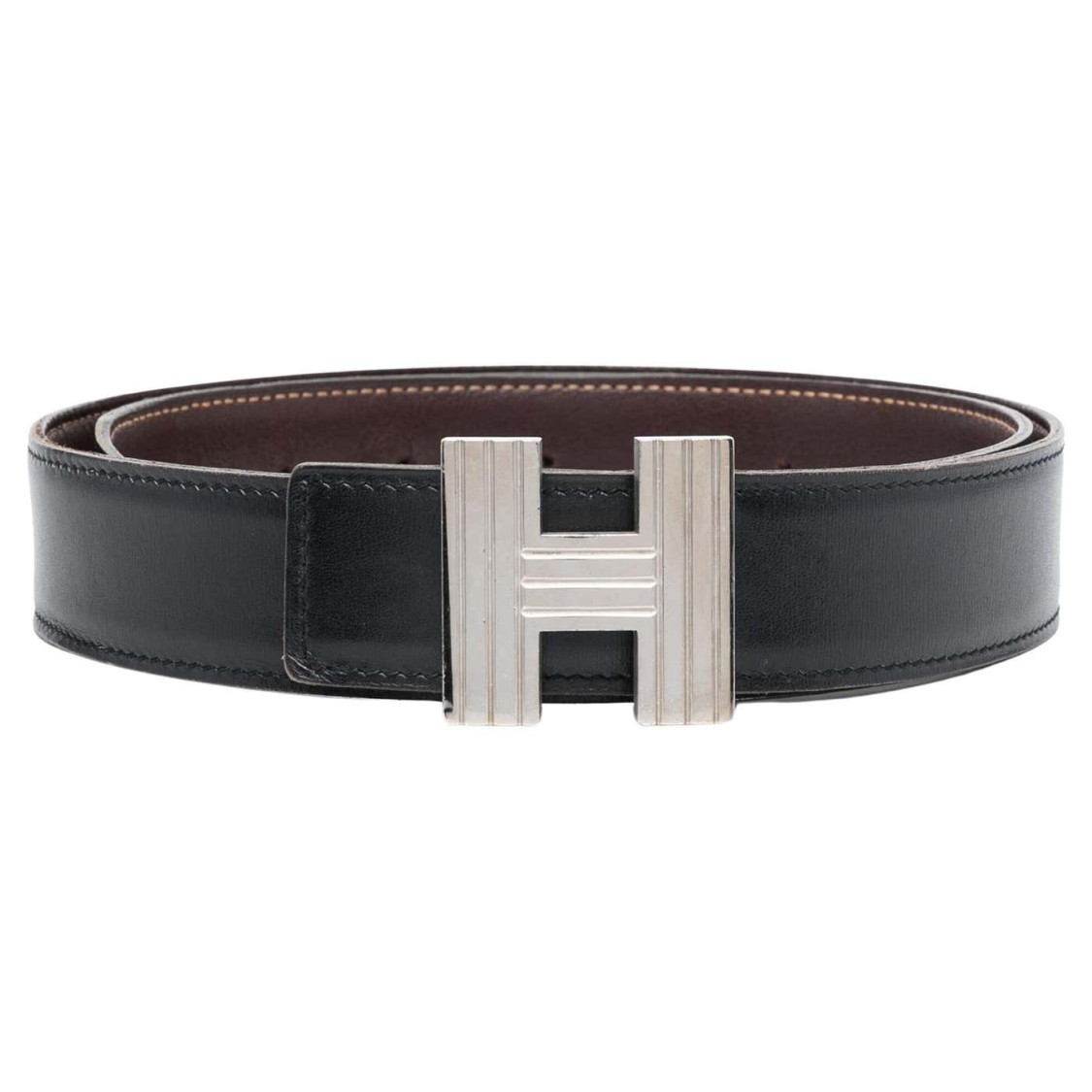 Pre-owned Hermes Hermès Reversible Leather Constance H Belt In Black