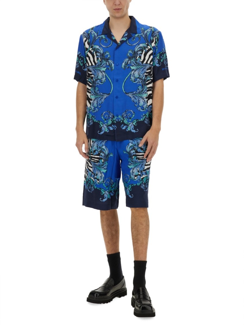 Shop Versace Jeans Couture Blue Viscose Shorts With Intricate Patterns