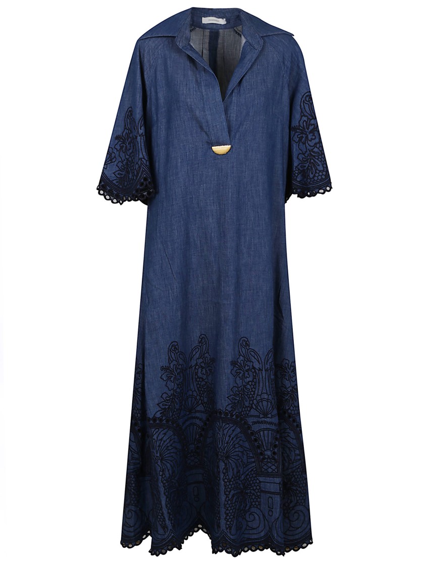 Zimmermann Coco Embroidered Denim Dress In Blue