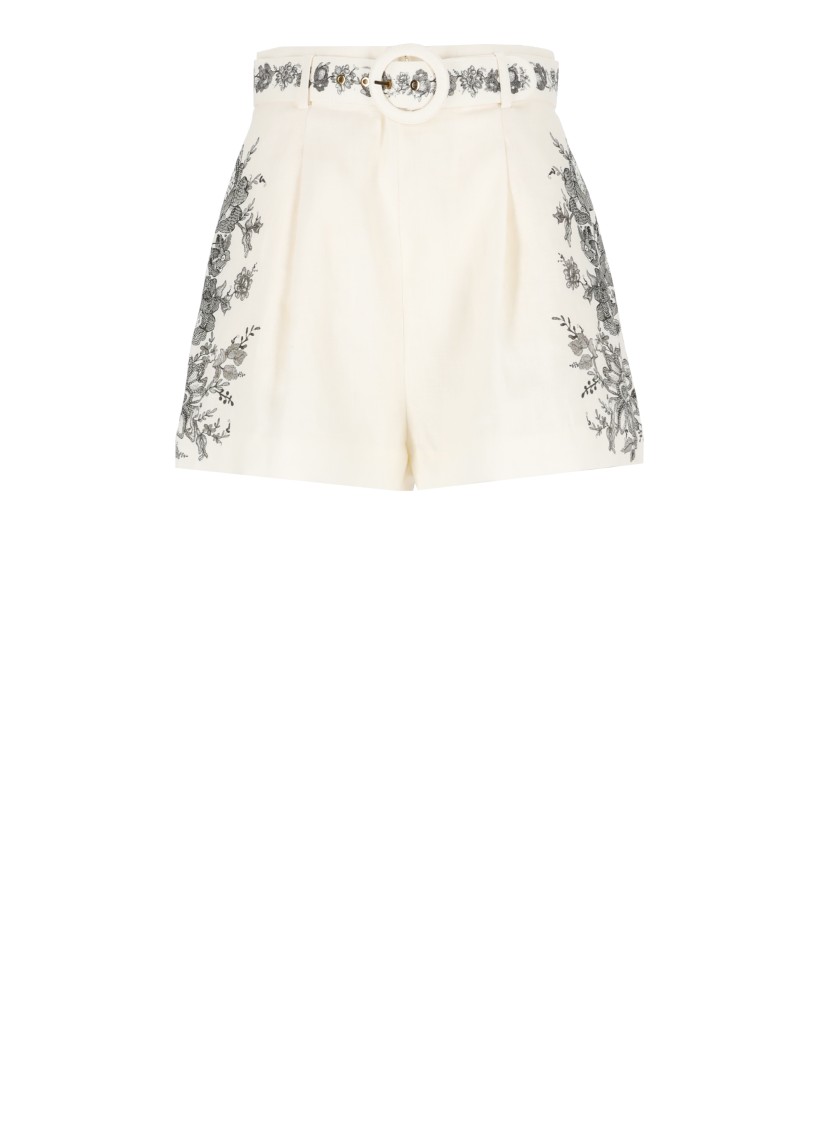 Zimmermann High Waist Floral Embroidery Belted Shorts In White