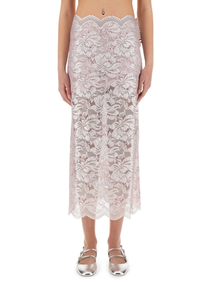 Shop Rabanne Intricate Floral Lace Maxi Skirt With Scalloped Hem In Pink