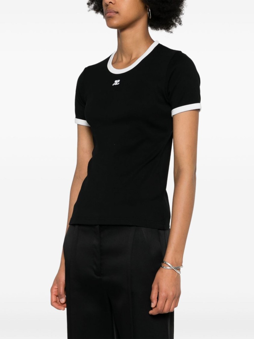 Courrèges Fitted Black T-shirt With Contrasting Trim And Embroidered Logo In Black