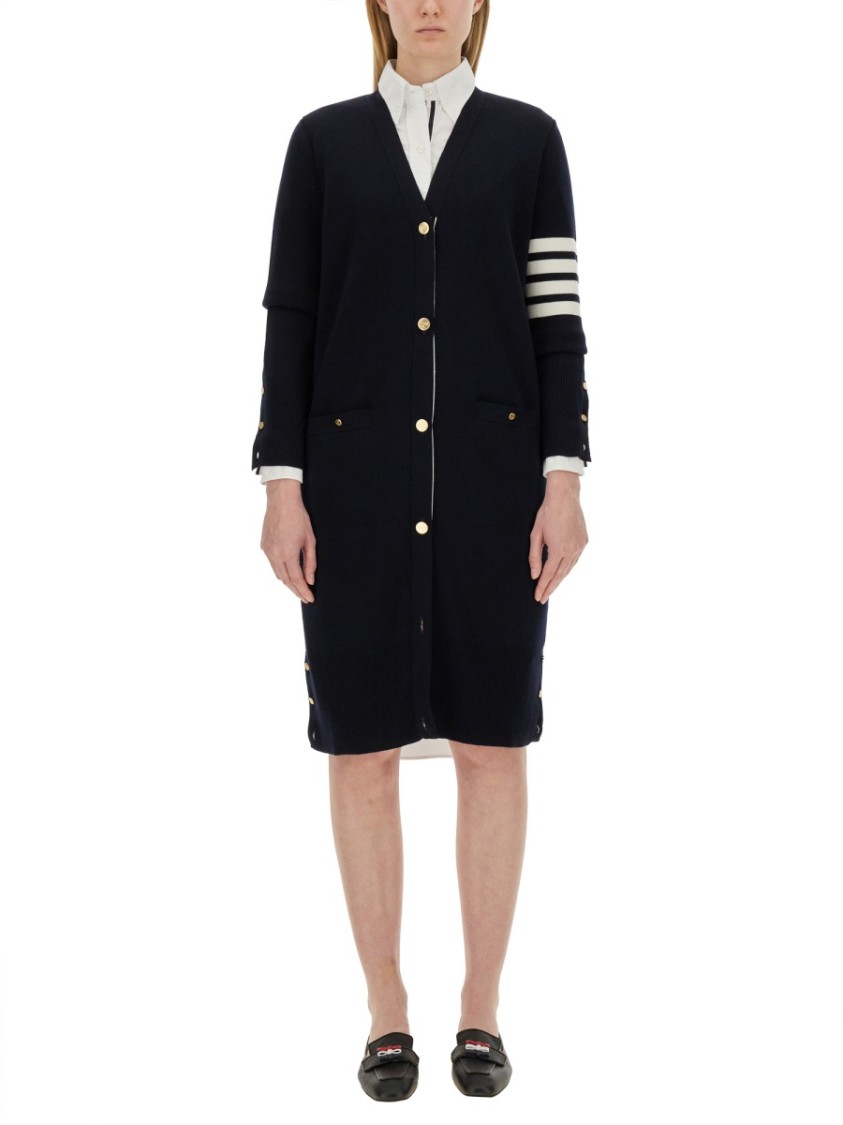 Thom Browne Knee-length Virgin Wool Cardigan With Striped Detail In Blue