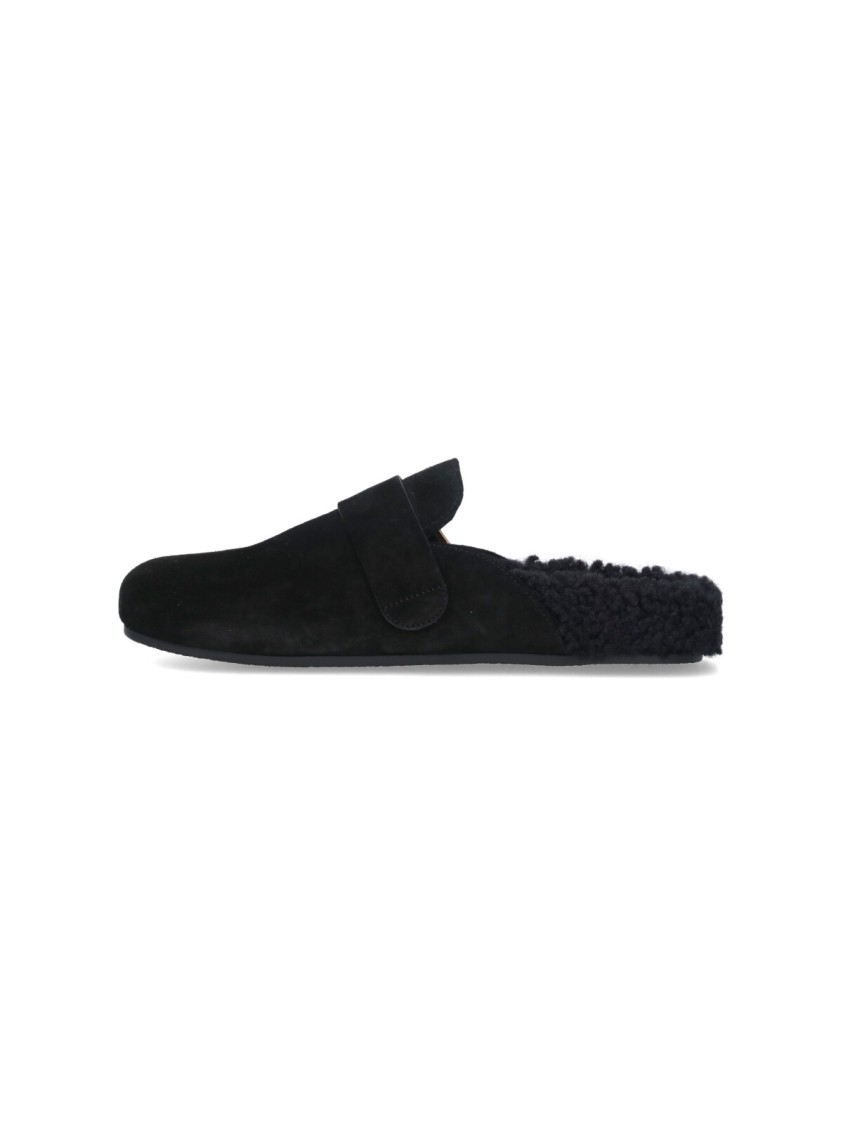 Tory Burch Mellow Logo Plaque Shearling Flat Mules In Black