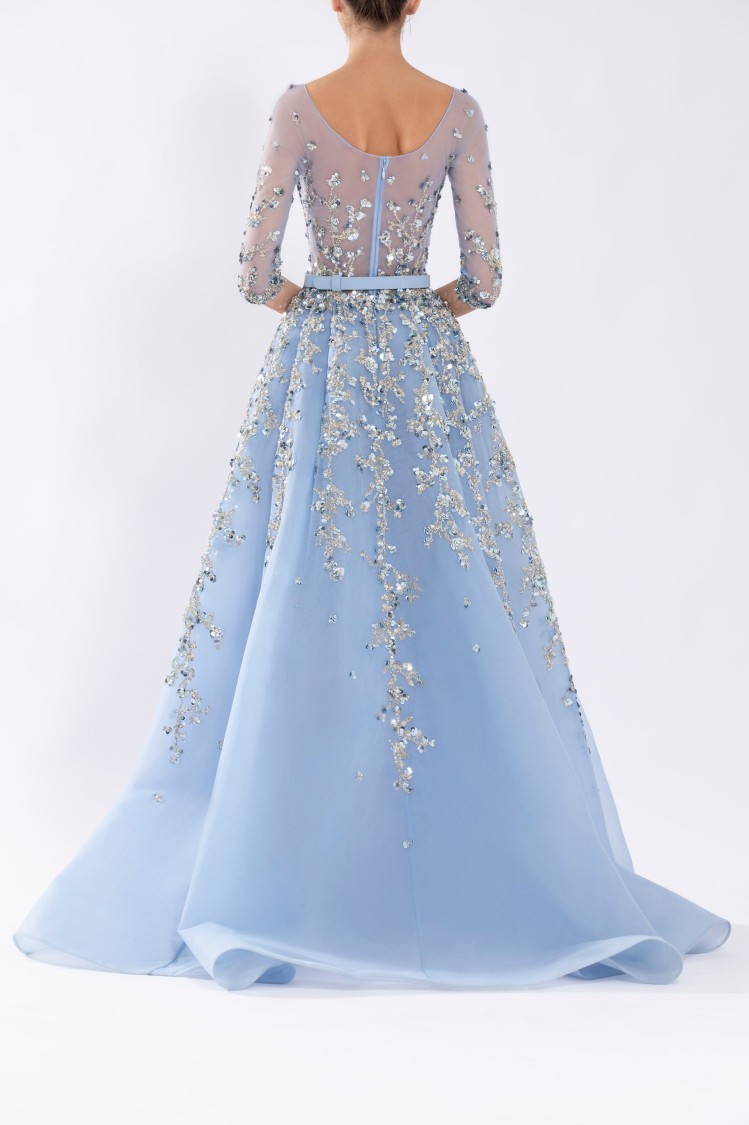 Saiid Kobeisy Tulle Beaded Dress With Envelope Skirt And Overskirt In Blue