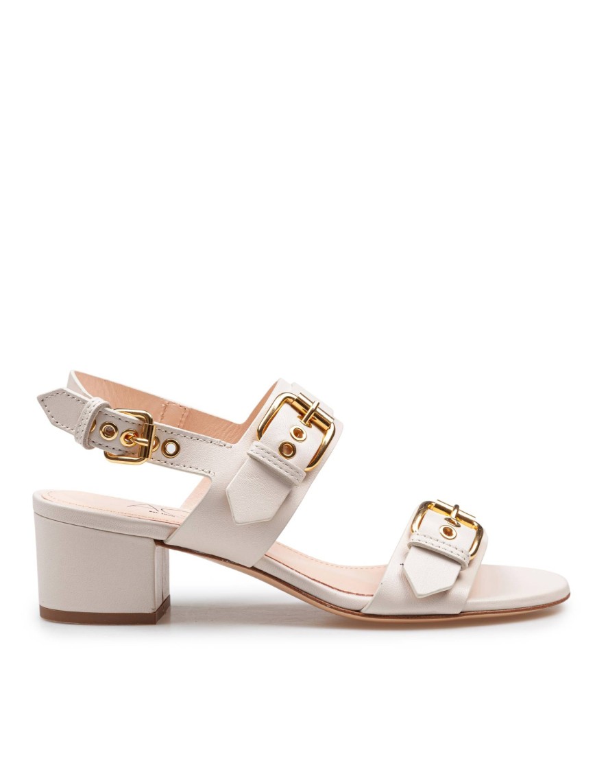 Agl Attilio Giusti Leombruni Agl Chalk Leather Sandals With Maxi Metal Buckles In Neutrals
