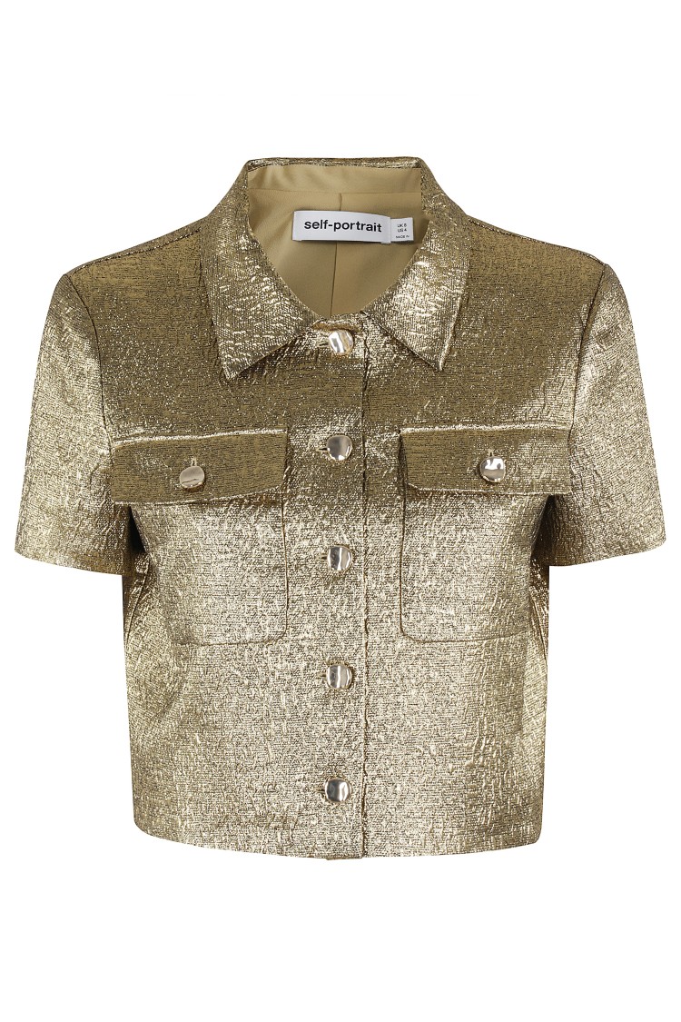 Self-portrait Cropped Gold Metallic Jacquard Top In Neutrals