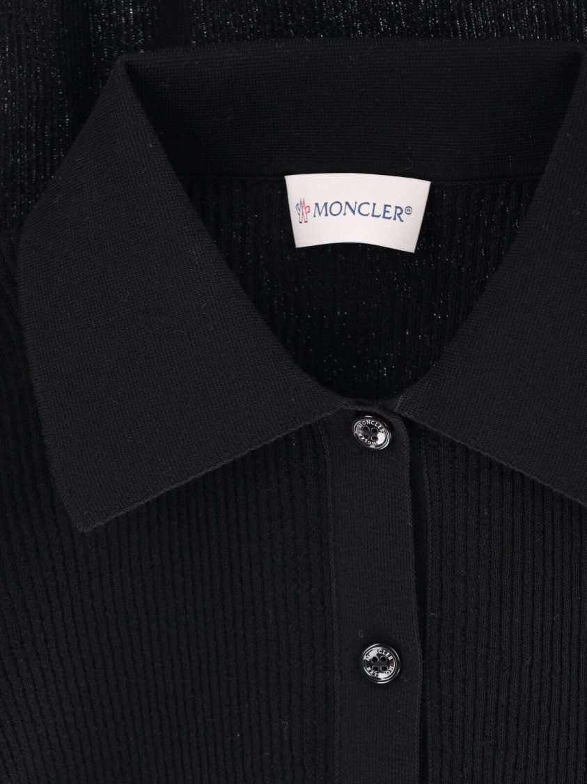 Moncler Sheer Ribbed Cotton Long-sleeve Polo In Black