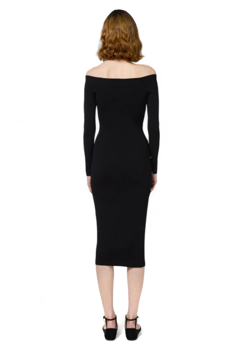 Elisabetta Franchi Fitted Black Midi Dress With Off-the-shoulder Neckline In Black