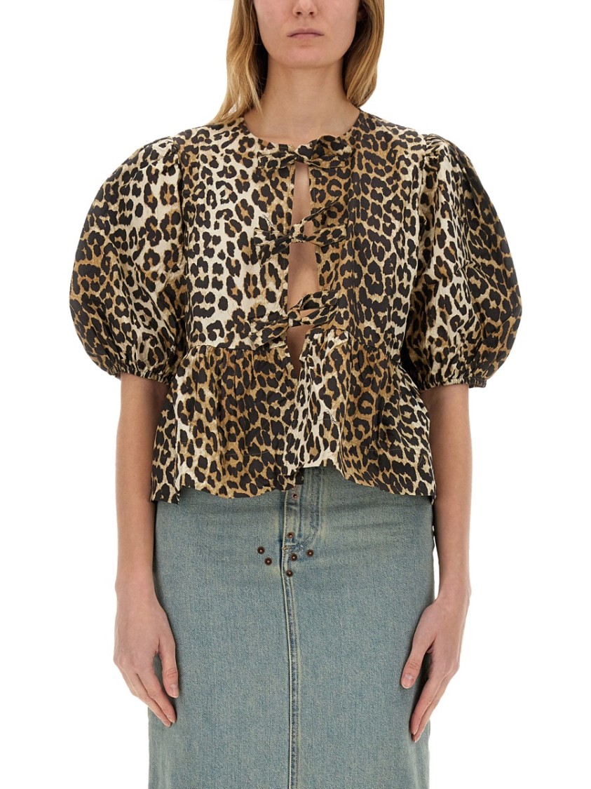 Ganni Multicolor Blouse With Front Tie Closure And All-over Leopard Motif In Cotton Woman In Brown