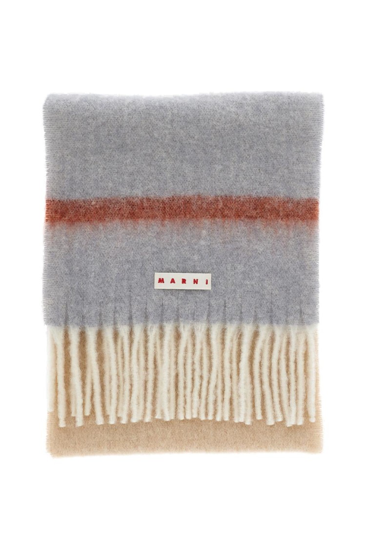 Marni Multicolour Wool Scarf With Fringed Edges And Logo Label In Gray