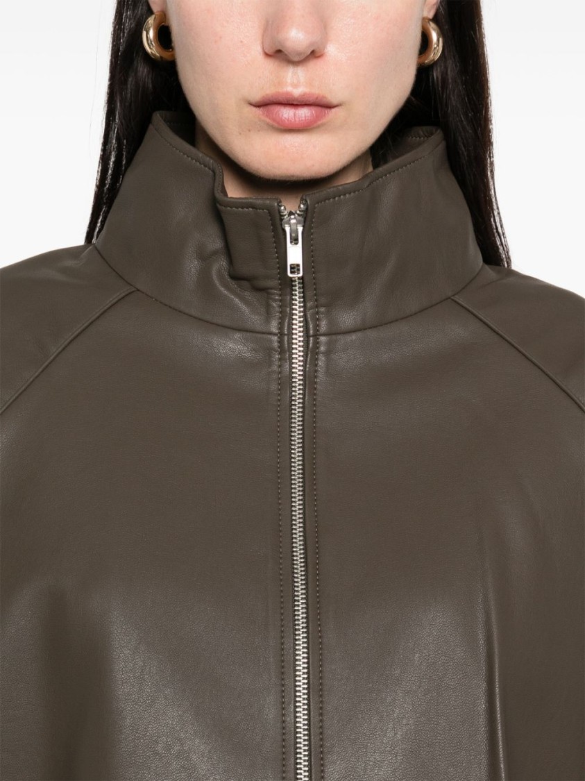 The Frankie Shop Oversized Faux Leather Bomber Jacket With Puff Sleeves In Brown