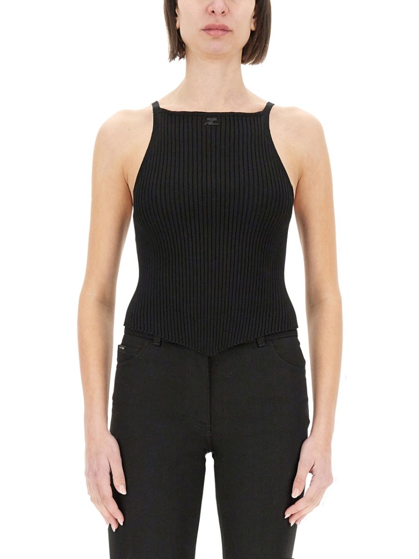 Shop Courrèges Fitted Ribbed Tank Top With High Neckline In Black