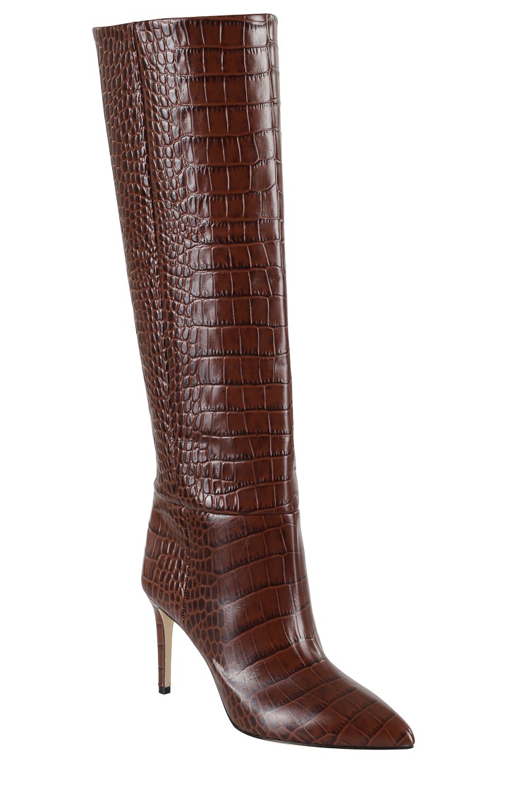 Paris Texas Crocodile-effect Leather Stiletto Boots With Pointed Design In Brown